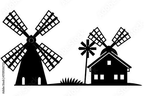 Windmill farm silhouette illustration isolated on white background