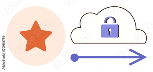 Star icon and arrow connecting to a cloud with a lock highlight safe data transfer, achievement, and cloud protection. Ideal for security, technology, privacy, access, connectivity, innovation