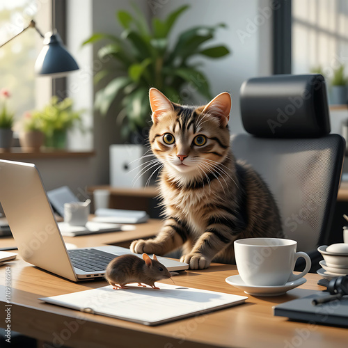 cat with laptop. Curious Cat and Mouse at Office Desk with Laptop and Coffee