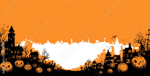 Spooky Halloween background featuring silhouette of haunted town with eerie houses, spooky trees, and carved pumpkins. Perfect for creating festive atmosphere