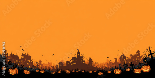 Spooky Halloween background featuring silhouette of haunted town with eerie pumpkins and bats against vibrant orange sky. Perfect for creating festive atmosphere
