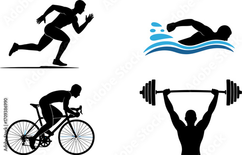Dynamic silhouettes showcase diverse athletic activities: running, swimming, cycling, and weightlifting.