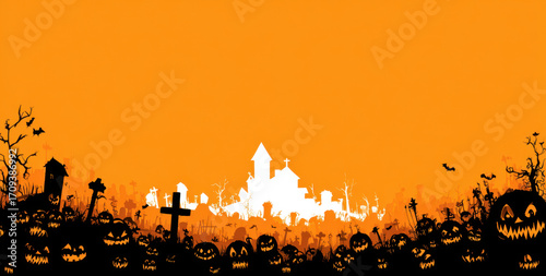 Spooky Halloween background featuring scary pumpkins, haunted town silhouette, and eerie trees against vibrant orange sky. Perfect for festive decorations and themed events