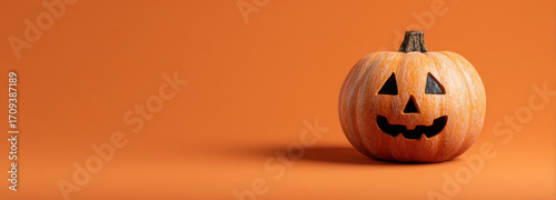 Vibrant Halloween pumpkin with classic jack o lantern face sits against bright orange background, evoking festive and playful atmosphere