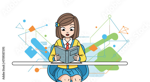 A young student enthusiastically engages with a book while surrounded by abstract educational graphics and geometric shapes indicating learning and discovery.
