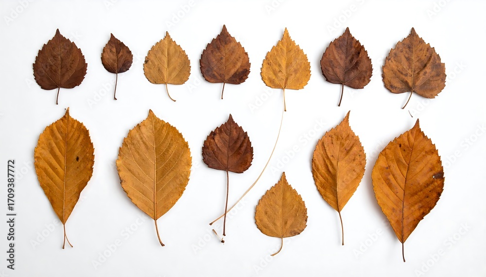 Obraz premium A symmetrical arrangement of various autumn leaves in shades of brown and gold, laid out on a plain white background, creates a visually appealing and natural design.