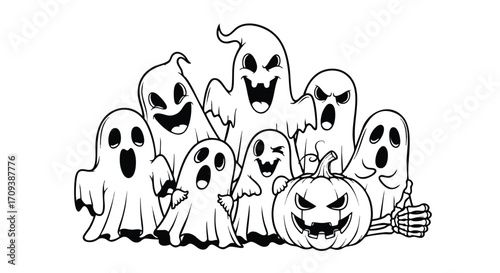 A group of cartoon ghosts and a pumpkin, Halloween themed.