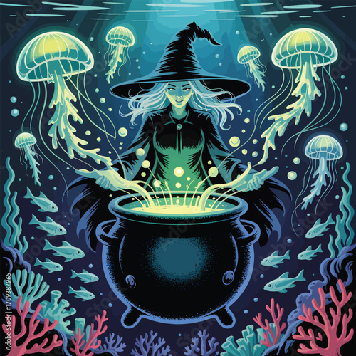 Underwater witch brews potion with glowing jellyfish and fish in cauldron brewing