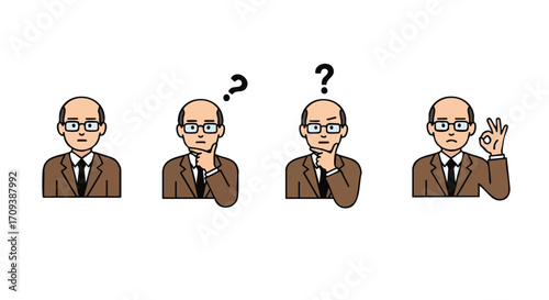 Four cartoon illustrations of a bald man in a suit, expressing different emotions/thoughts.