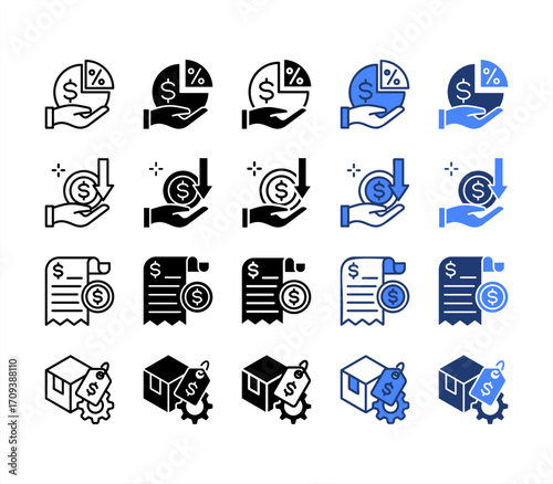 Dividend, Income, Expense, Cost, multiple style icon set.