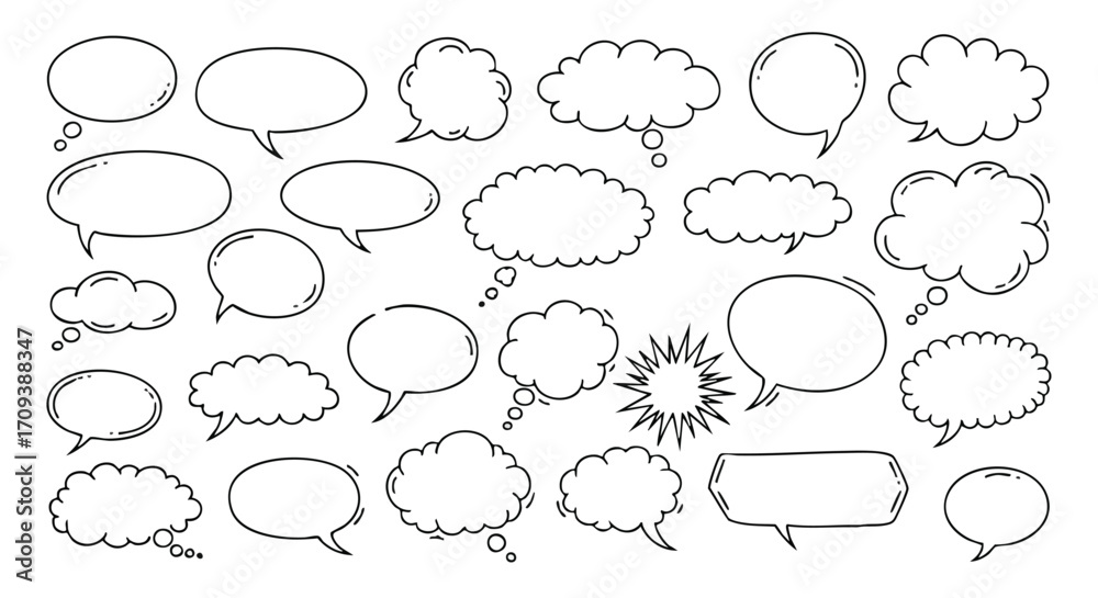 Fototapeta premium Collection of various cartoon speech bubbles in different shapes and sizes.