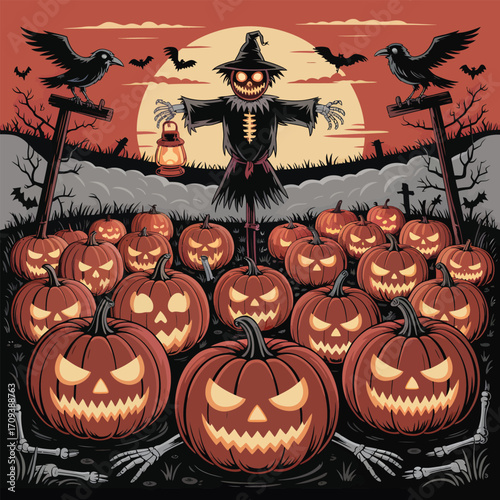 Spooky scarecrow and jack o lanterns in a field with crows and bats halloween pumpkin