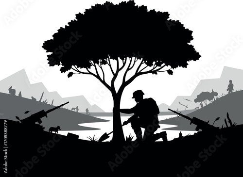 Solitary soldier kneels beneath a large tree in a desolate war landscape with artillery silhouettes vector