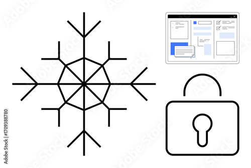 Snowflake representing uniqueness, web interface for online activity, and lock for security and privacy. Ideal for data protection, cyber safety, technology, software, encryption, privacy simple