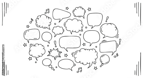 A collection of various speech bubbles and thought bubbles, arranged in a circular composition.