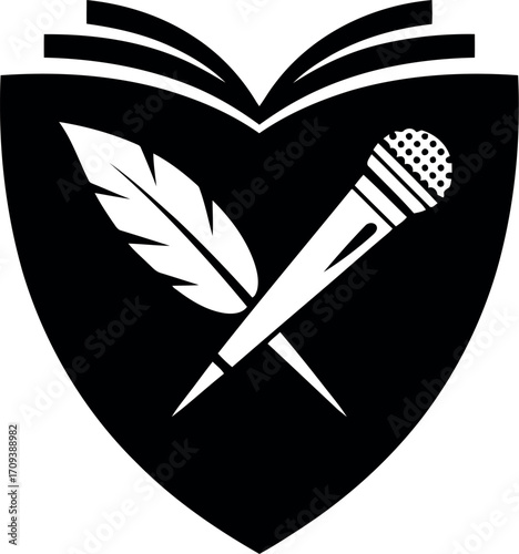 Heart shaped book symbol with quill and microphone logo icon love writing music poetry performance art vector