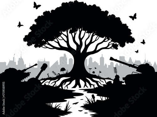 Tree of life resilience against war conflict symbols unity symbol nature victory over tanks peace concept vector