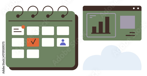 Calendar featuring tasks, user icons, and completed events. Bar graph on screen, cloud element. Ideal for productivity, planning, organization teamwork scheduling cloud storage strategy. Simple