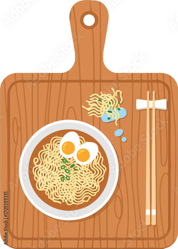 Flavorful ramen bowl with chopsticks on wooden cutting board japanese cuisine appetizing food photography vector