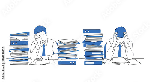 Two office workers overwhelmed by large piles of paperwork, appearing stressed and exhausted at desks.