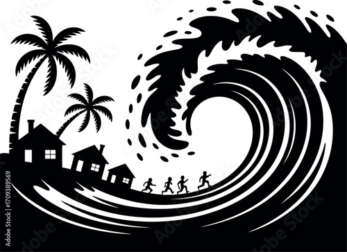 Massive ocean wave threatens tropical island homes and people fleeing danger vector