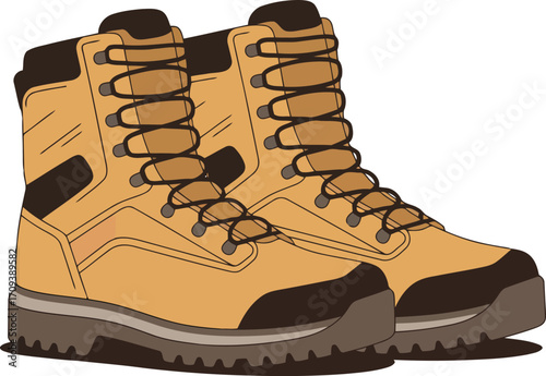 Durable yellow work boots high top laced rugged outdoor footwear for construction and hiking vector