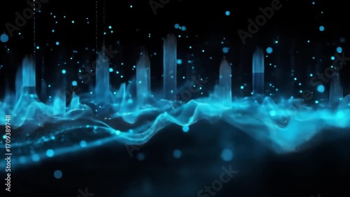 Abstract digital landscape with glowing blue structures and particles floating against a dark background.