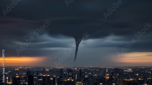 Dramatic Tornado and Lightning Storm Over a City Skyline at Dusk.