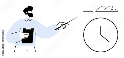 Man with beard holding clipboard pointing at clock with stick for time management demonstration. Ideal for scheduling, project planning, productivity, deadlines, guidance, coaching, simple flat