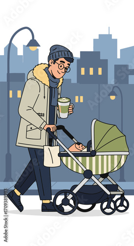 Happy Latte Dad Walks with His Baby in a Stroller on a Chilly Urban Day, Enjoying a Coffee and Everyday Parenting Moments