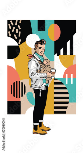 Stylish urban Latte Dad carries his baby in a front carrier, enjoying coffee against a vibrant abstract background, embodying modern parenthood and dynamic lifestyle