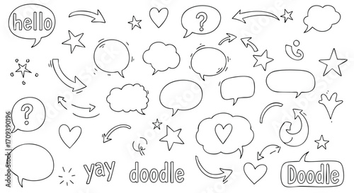 Collection of black line doodle speech bubbles, stars, hearts, and arrows on a white background.