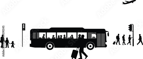 City Transport Silhouette with People, Bus, Traffic Lights, Walking Travelers, and Flying Airplane, Urban Travel and Public Transportation Scene