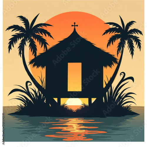 Island Hut Silhouette at Sunset: A serene silhouette of a tropical hut, framed by swaying palm trees and the fiery hues of a sunset, captures the essence of a peaceful island escape.