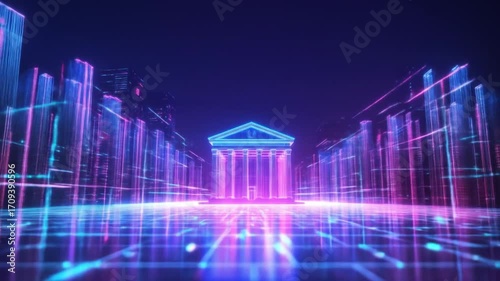 Neon-lit architectural structure resembling a bank or government building in a futuristic cityscape with glowing grid lines.