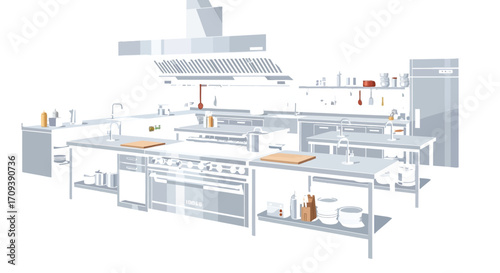 Professional kitchen with stainless steel appliances and equipment ready for culinary creations and food preparation in a restaurant or catering service environment