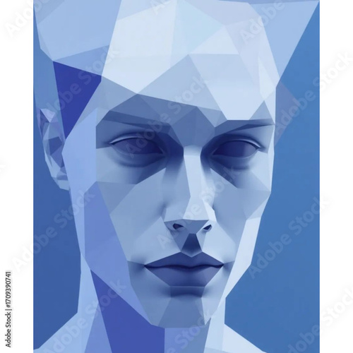 Geometric Portrait: An ethereal, polygonal rendering of a human visage, rendered in cool shades of blue, evokes introspection, modernism, and the intricate beauty of form. 