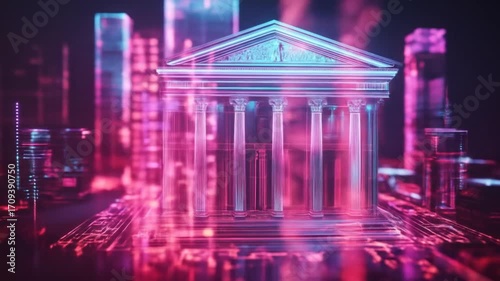 Glowing digital rendering of a classical-style building with columns, set against a futuristic city backdrop.