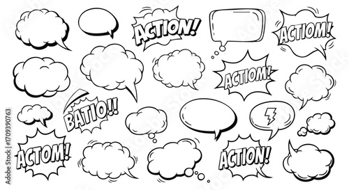 Collection of various comic book style speech bubbles and thought balloons.