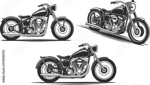 Vintage motorcycle illustration, custom chopper bikes clipart, retro motorbike design, black and white motorcycle art, classic ride graphic setVintage 