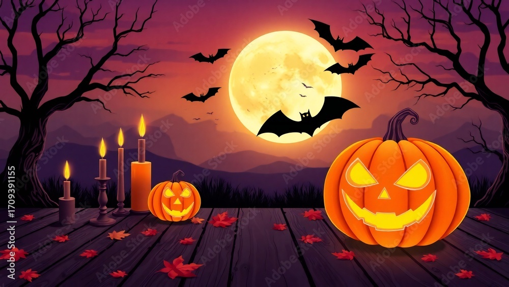 Fototapeta premium Spooky halloween night with glowing pumpkins bats and full moon