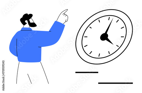 Male figure gesturing towards an analog clock, emphasizing priorities, deadlines, productivity, efficiency, punctuality, decision-making, and time management. Ideal for simple flat metaphor