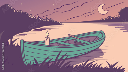 Illustration of a boat on the lake at night with a candle and moon in the sky art