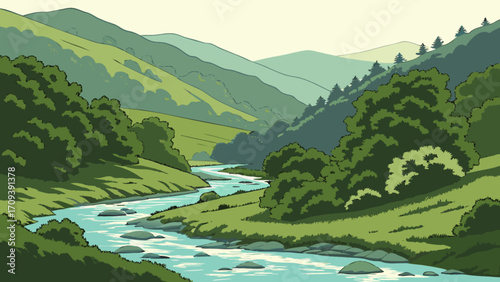 Beautiful landscape drawing of river valley with mountains and green trees view