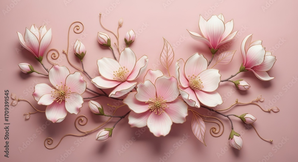 Fototapeta premium Delicate pink cherry blossom arrangement with golden accents on a soft pink background creates a romantic and elegant aesthetic
