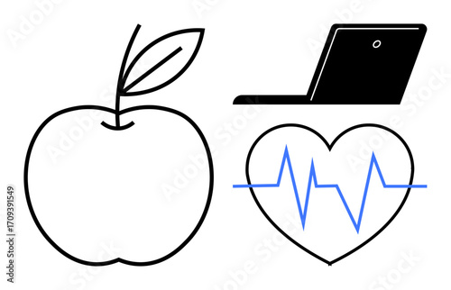 Apple icon symbolizes nutrition, heartbeat represents health monitoring, and laptop denotes technology. Ideal for wellness, fitness, telemedicine, remote work, self-care, healthy habits simple flat