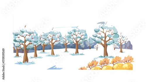 Winter landscape scene with snow covered trees and hills vector illustration art