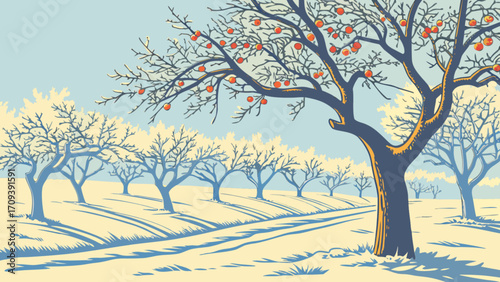Apple orchard landscape illustration with ripe red apples on bare trees in winter day