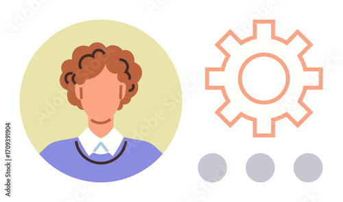 Portrait of a person next to a gear icon and three dots. Ideal for account settings, user preferences, profile management, system configuration, team roles, personalization, digital organization