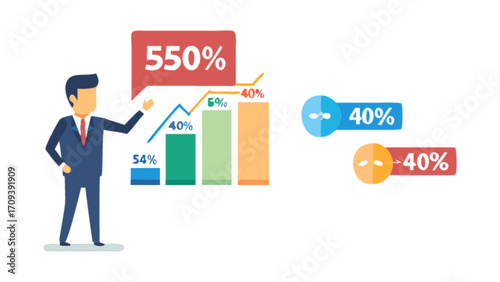 Business growth presentation with bar chart and man showing financial performance data